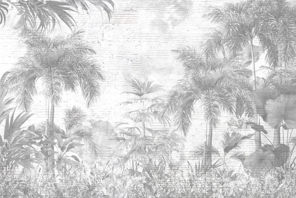 Tapet personalizat Tropical cu plante tropicale pe un perete cu textura de plaster gri - PLASTER STRIPED JUNGLE