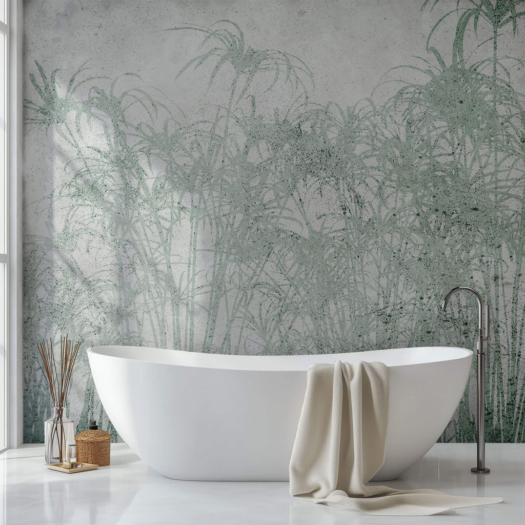 Tapet personalizat Tropical cu palmieri verzi pe un fundal texturat gri de ciment - ABSTRACT CONCRETE BAMBOO