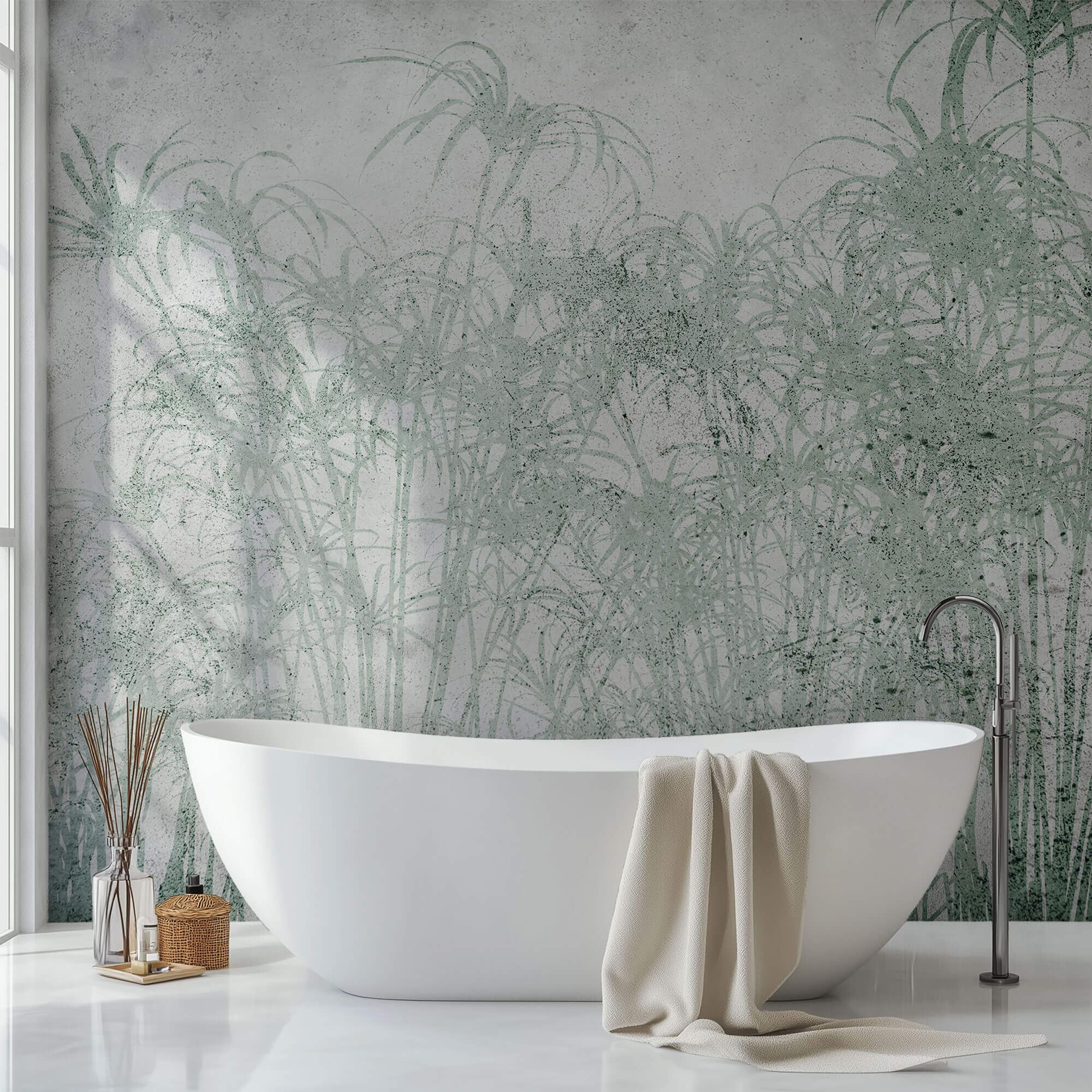 Tapet personalizat Tropical cu palmieri verzi pe un fundal texturat gri de ciment - ABSTRACT CONCRETE BAMBOO