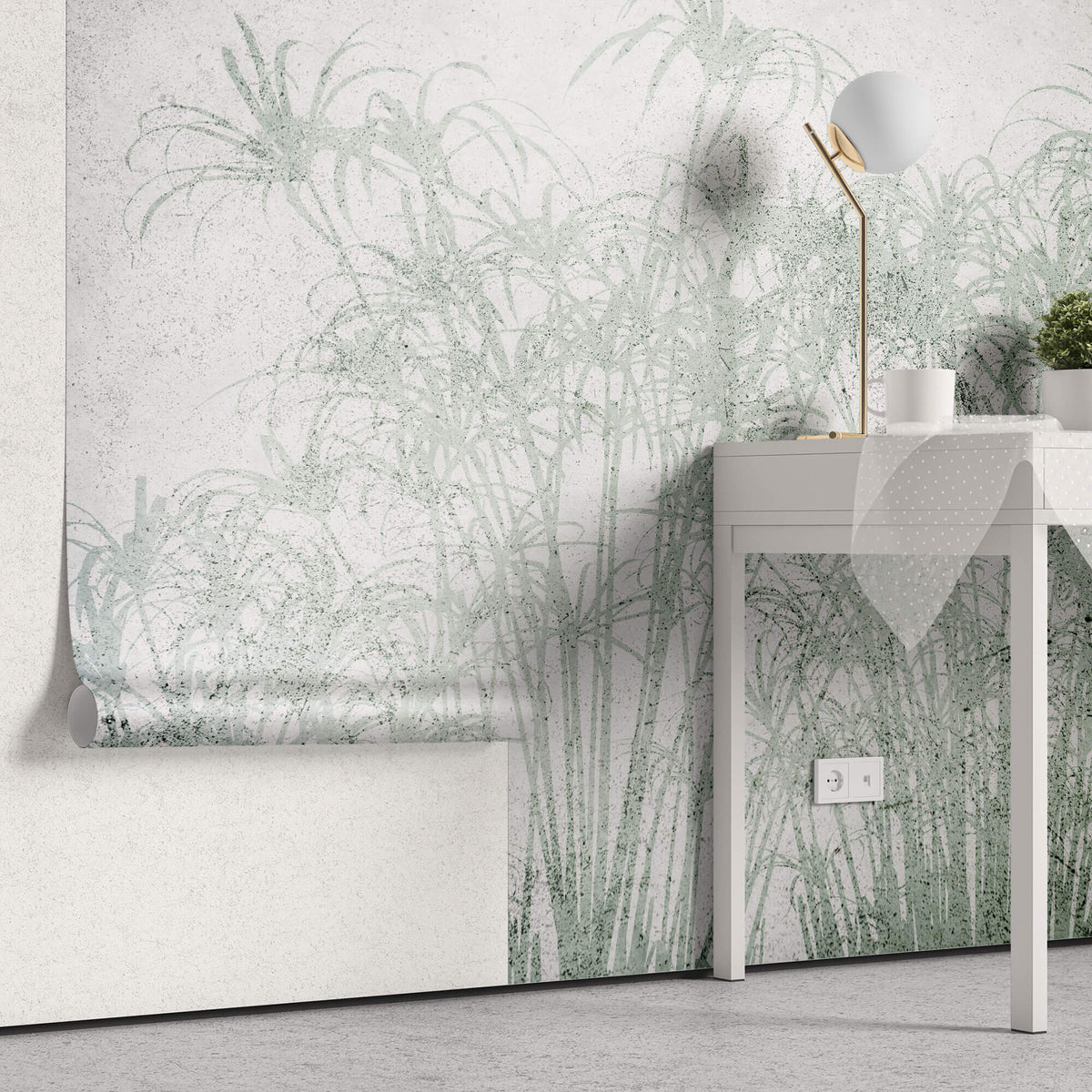 Tapet personalizat Tropical cu palmieri verzi pe un fundal texturat gri de ciment - ABSTRACT CONCRETE BAMBOO