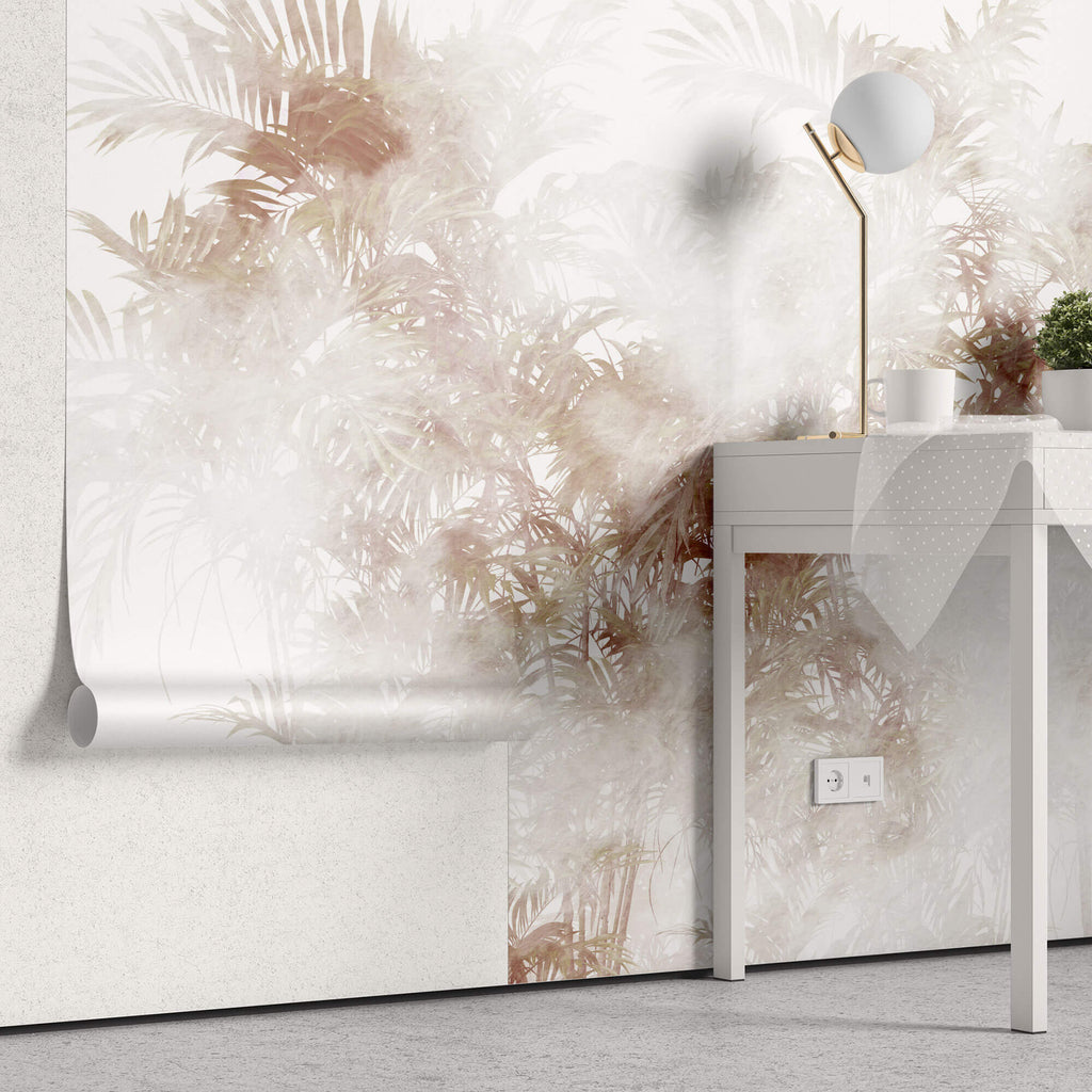 Tapet personalizat Tropical cu palmieri in nuante rosiatice in ceata - STEAMY TROPICAL