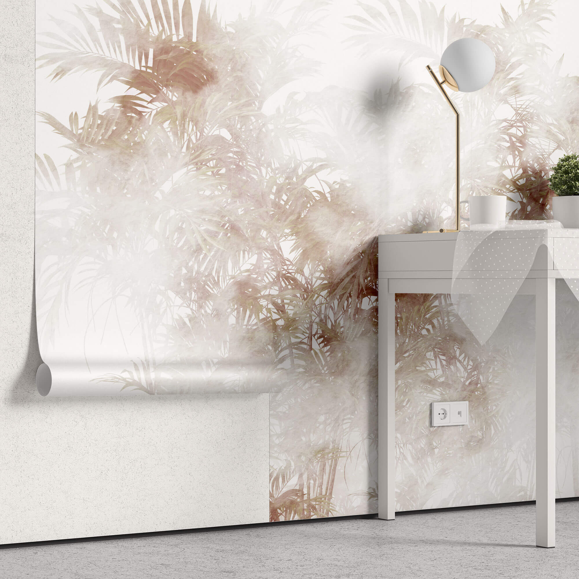 Tapet personalizat Tropical cu palmieri in nuante rosiatice in ceata - STEAMY TROPICAL