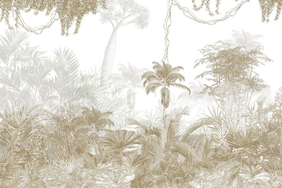 Tapet personalizat Tropical cu peisaj tropical ilustrat abstract in nuante de bej - BEIGE JUNGLE ILLUSTRATION