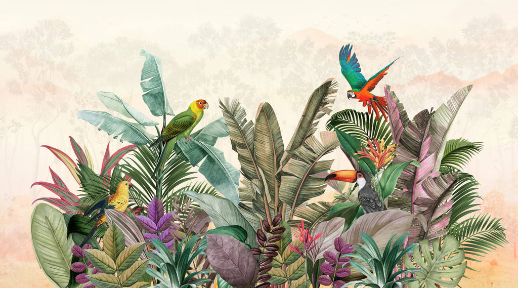 Tapet personalizat Tropical cu plante si papagali exotici - PARROTS AT DAWN