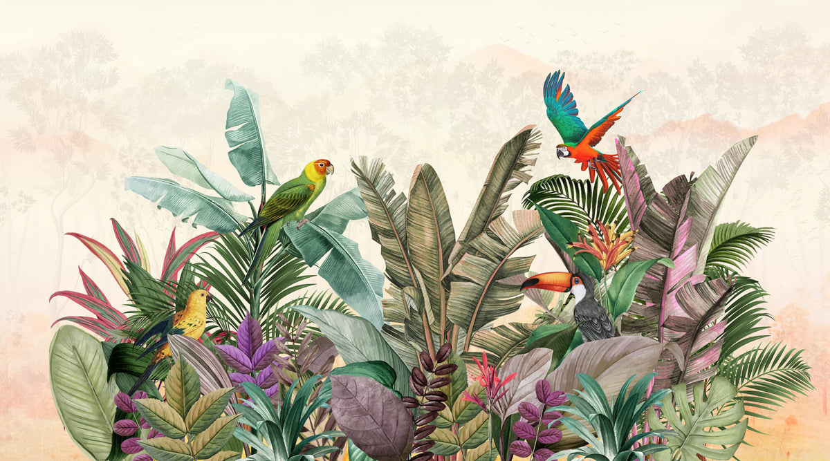 Tapet personalizat Tropical cu plante si papagali exotici - PARROTS AT DAWN