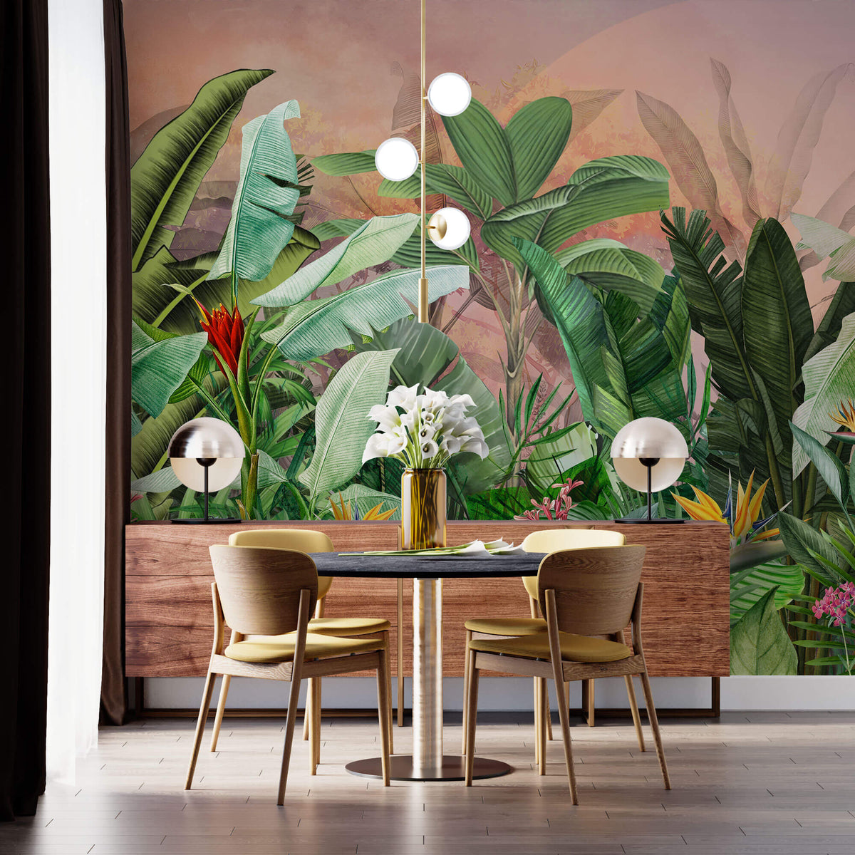 Tapet personalizat Tropical cu plante verzi exotice pictate in stil watercolor si fundal rozaliu - SUNSET JUNGLE