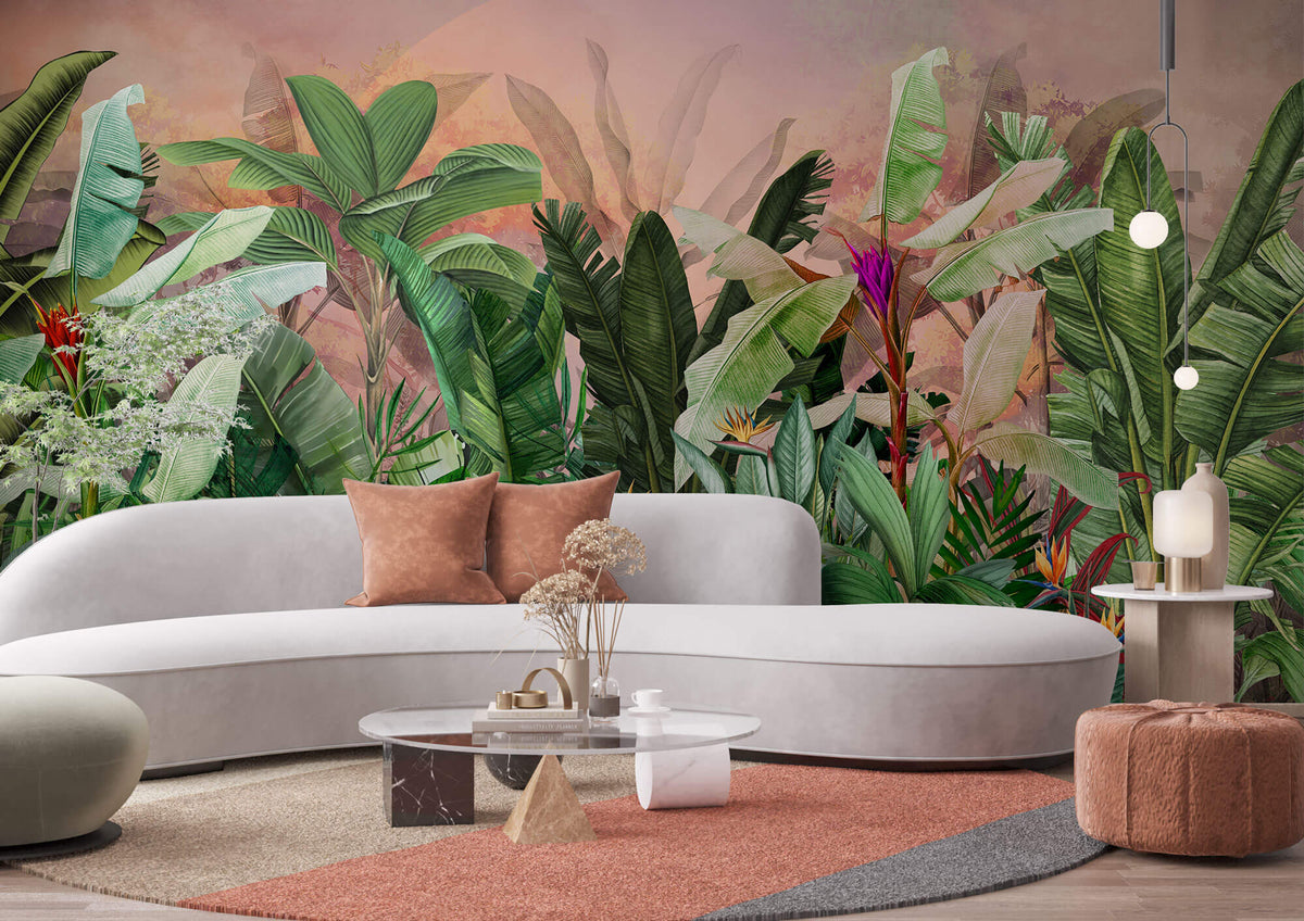 Tapet personalizat Tropical cu plante verzi exotice pictate in stil watercolor si fundal rozaliu - SUNSET JUNGLE