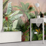 Tapet personalizat Tropical cu plante verzi exotice pictate in stil watercolor si fundal rozaliu - SUNSET JUNGLE