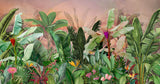 Tapet personalizat Tropical cu plante verzi exotice pictate in stil watercolor si fundal rozaliu - SUNSET JUNGLE