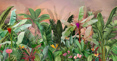 Tapet personalizat Tropical cu plante verzi exotice pictate in stil watercolor si fundal rozaliu - SUNSET JUNGLE