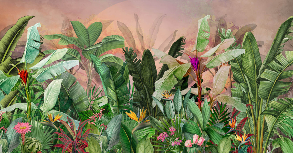 Tapet personalizat Tropical cu plante verzi exotice pictate in stil watercolor si fundal rozaliu - SUNSET JUNGLE