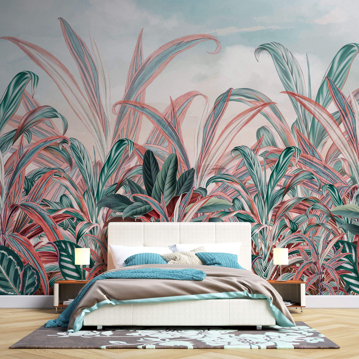 Tapet personalizat Tropical cu plante tropicale in nuante de verde si roz - CRIMSON RED JUNGLE