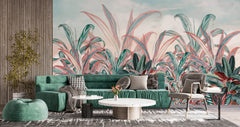 Tapet personalizat Tropical cu plante tropicale in nuante de verde si roz - CRIMSON RED JUNGLE