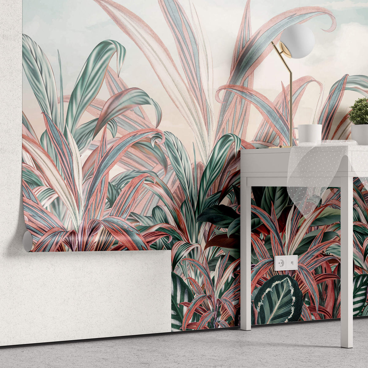 Tapet personalizat Tropical cu plante tropicale in nuante de verde si roz - CRIMSON RED JUNGLE