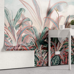 Tapet personalizat Tropical cu plante tropicale in nuante de verde si roz - CRIMSON RED JUNGLE