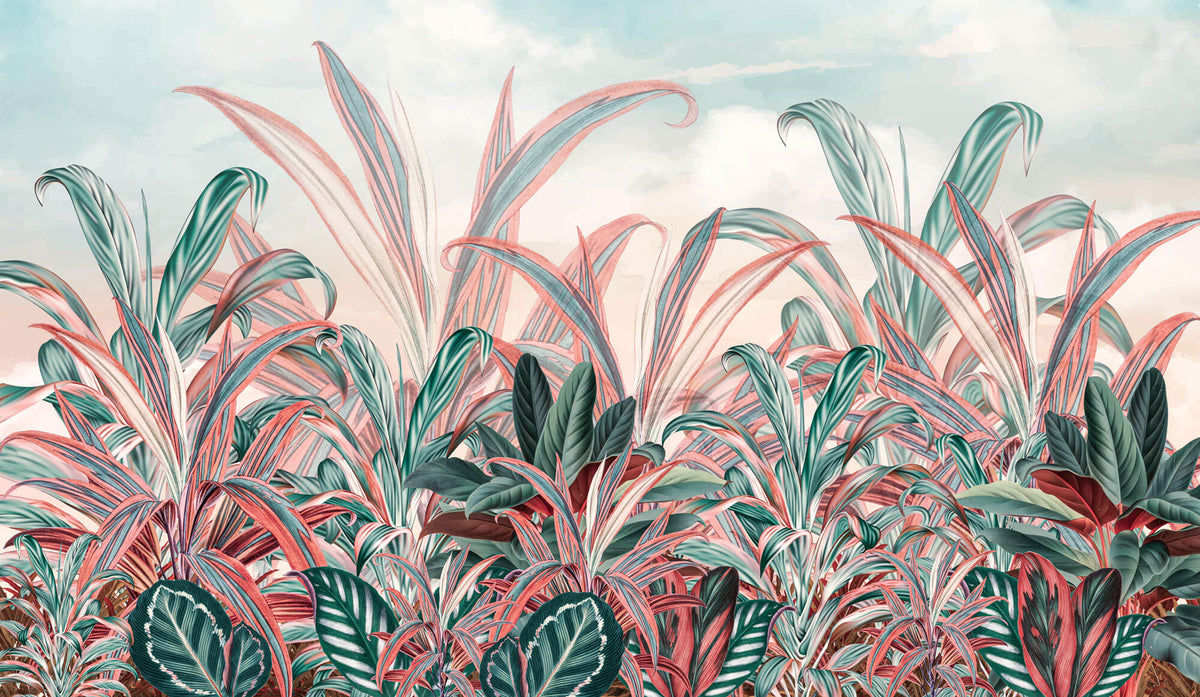 Tapet personalizat Tropical cu plante tropicale in nuante de verde si roz - CRIMSON RED JUNGLE
