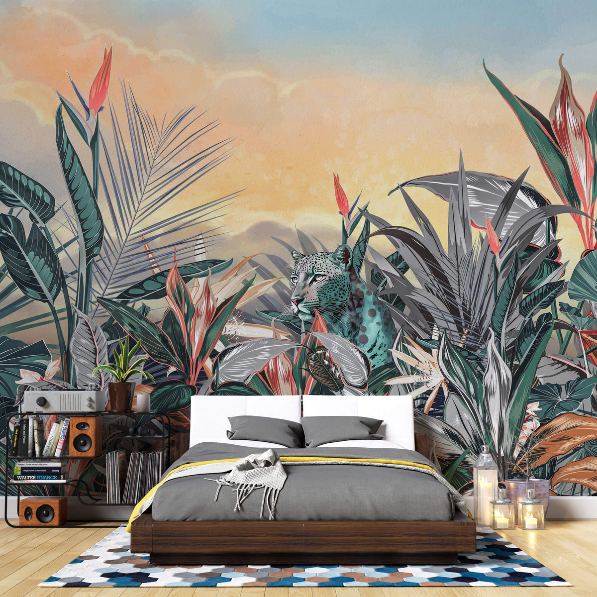 Tapet personalizat Tropical cu peisaj tropical aflat la apus si tigrii - DAWN JUNGLE