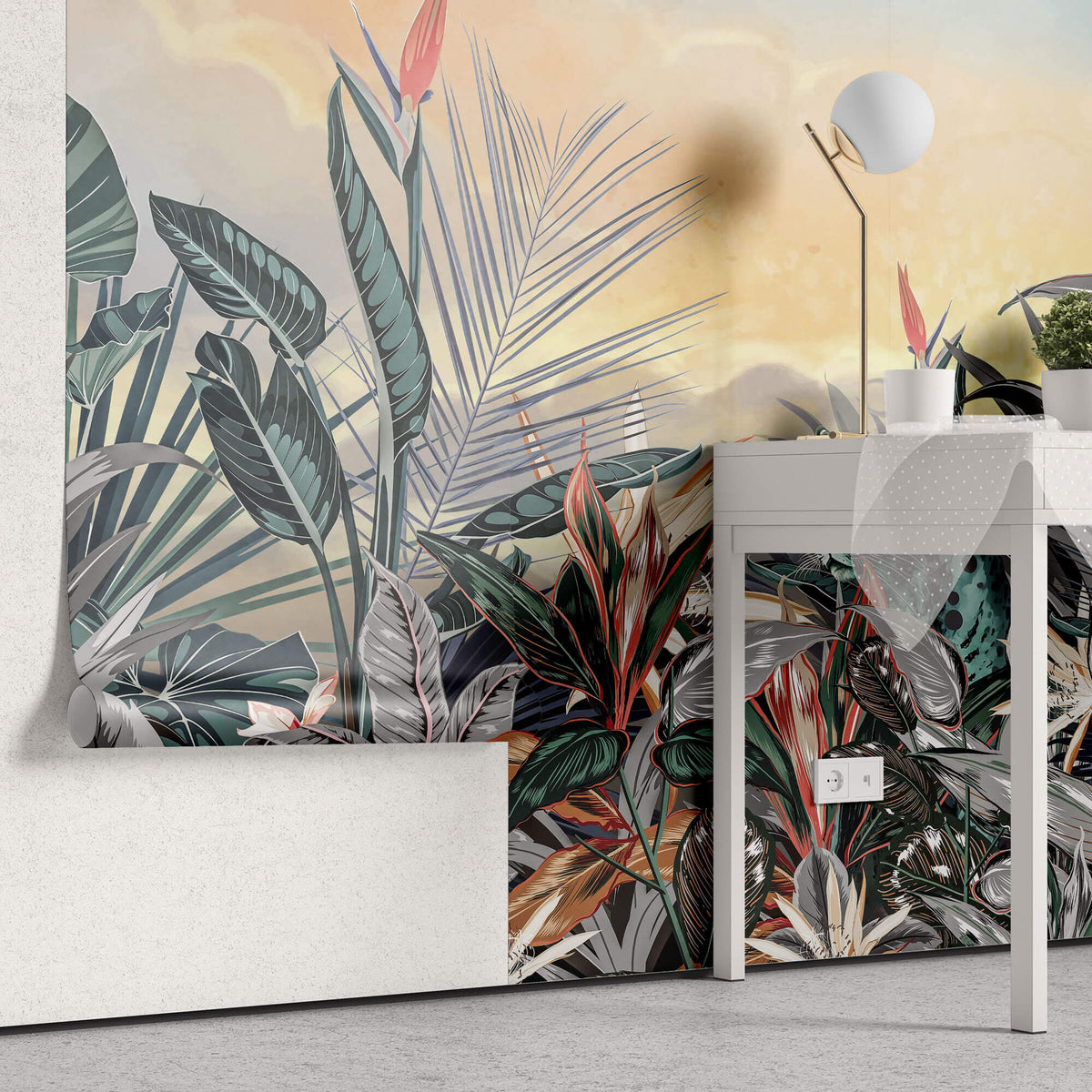 Tapet personalizat Tropical cu peisaj tropical aflat la apus si tigrii - DAWN JUNGLE