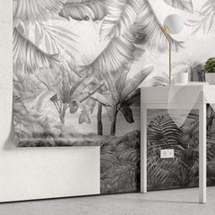 Tapet personalizat Tropical cu plante tropicale ilustrate intr-un stil abstract pe un fundal de plaster in nuante de gri - NARROWED JUNGLE