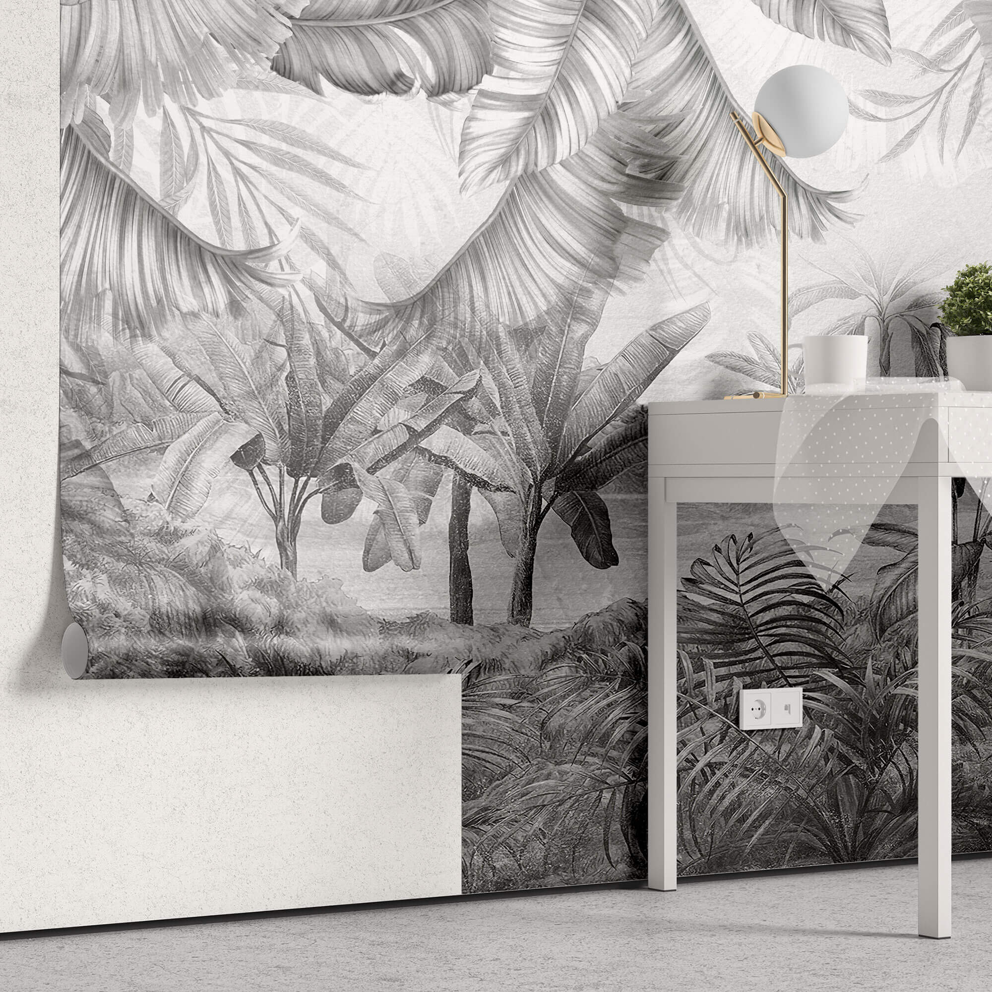 Tapet personalizat Tropical cu plante tropicale ilustrate intr-un stil abstract pe un fundal de plaster in nuante de gri - NARROWED JUNGLE