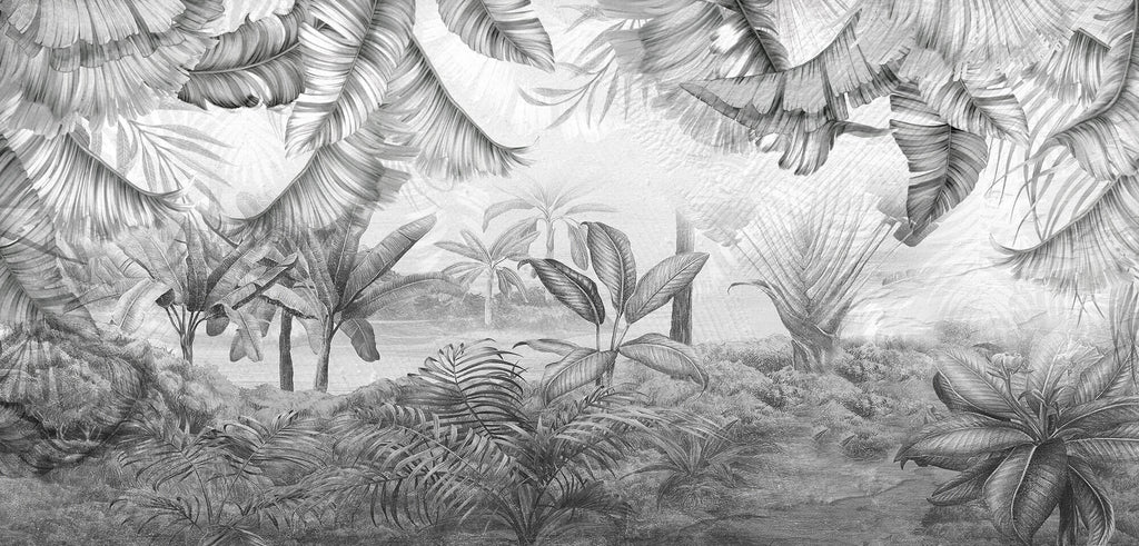 Tapet personalizat Tropical cu plante tropicale ilustrate intr-un stil abstract pe un fundal de plaster in nuante de gri - NARROWED JUNGLE