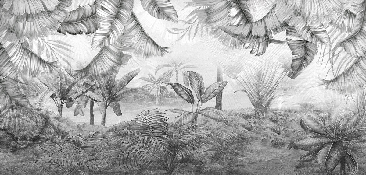Tapet personalizat Tropical cu plante tropicale ilustrate intr-un stil abstract pe un fundal de plaster in nuante de gri - NARROWED JUNGLE