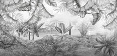 Tapet personalizat Tropical cu plante tropicale ilustrate intr-un stil abstract pe un fundal de plaster in nuante de gri - NARROWED JUNGLE