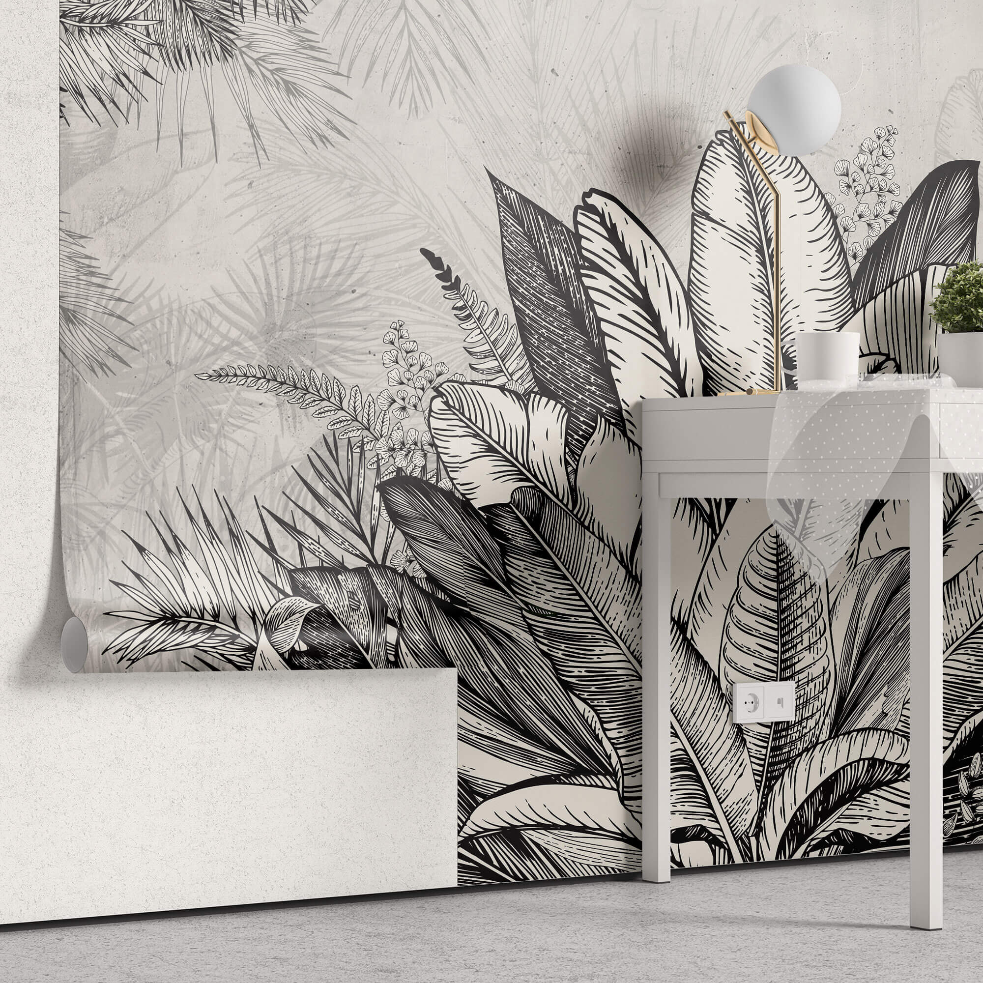 Tapet personalizat Tropical cu plante tropicale in alb negru - GREY TROPICAL LEAVES