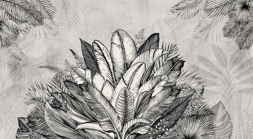 Tapet personalizat Tropical cu plante tropicale in alb negru - GREY TROPICAL LEAVES