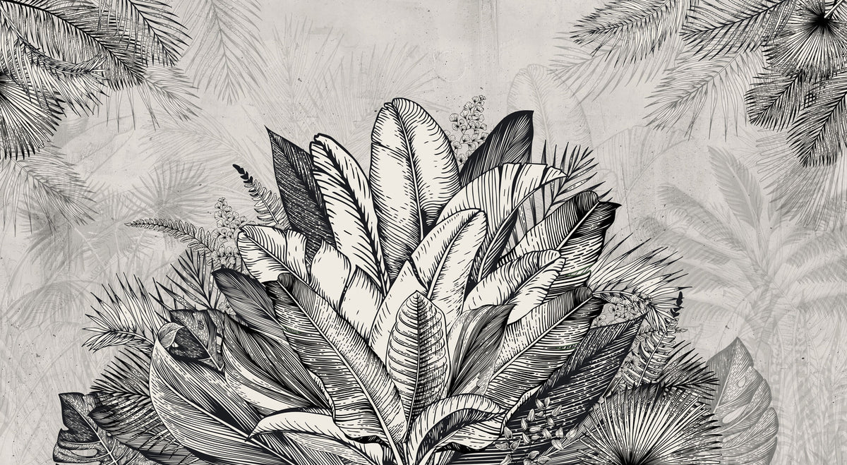 Tapet personalizat Tropical cu plante tropicale in alb negru - GREY TROPICAL LEAVES