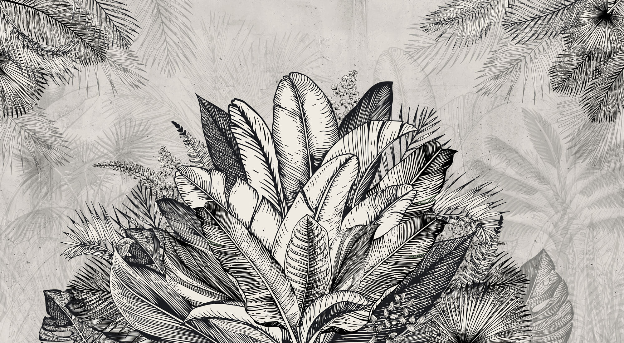 Tapet personalizat Tropical cu plante tropicale in alb negru - GREY TROPICAL LEAVES