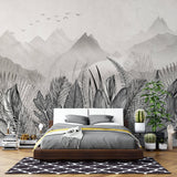 Tapet personalizat Tropical cu peisaj montan tropical in nuante de alb negru - GREY MOUNTAIN JUNGLE