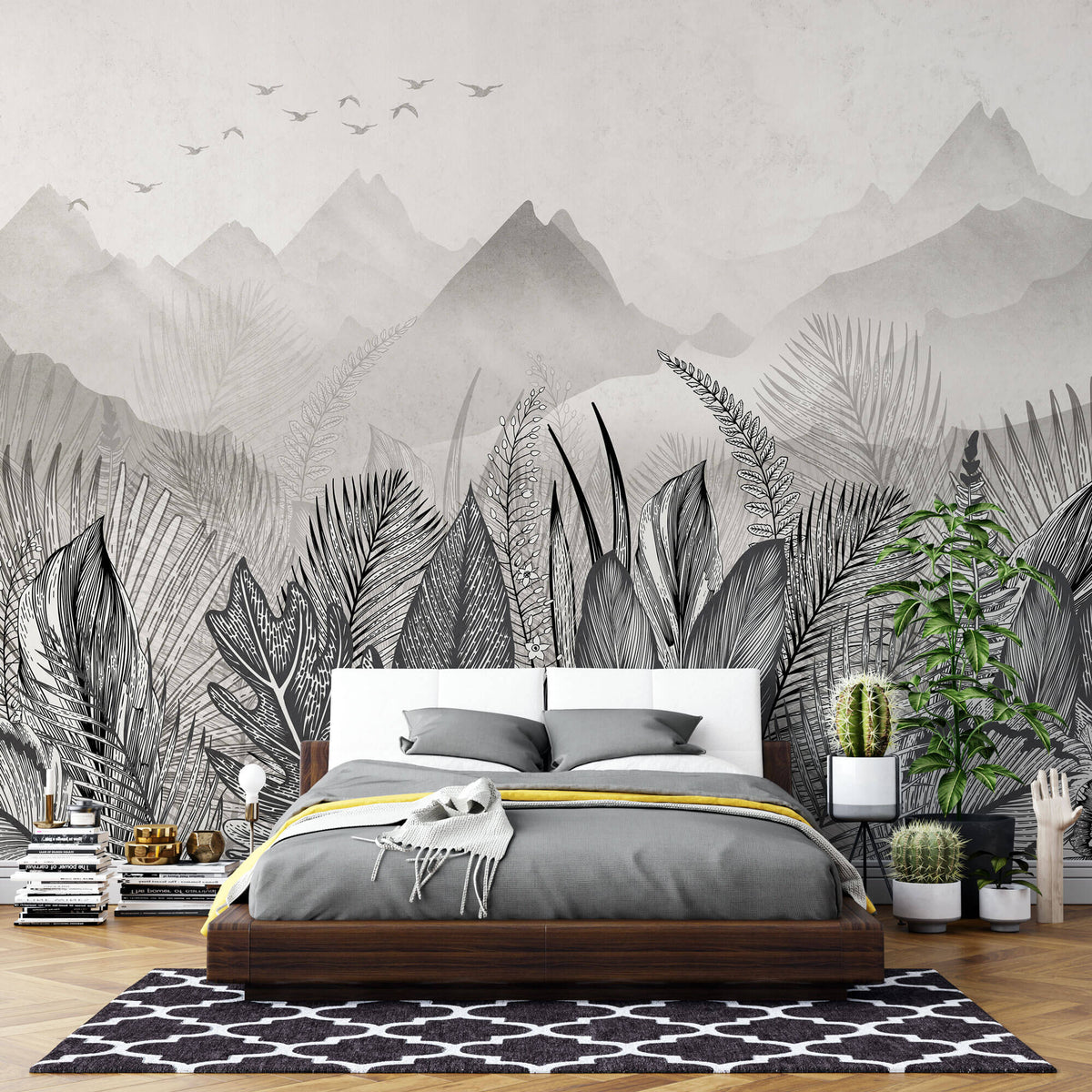 Tapet personalizat Tropical cu peisaj montan tropical in nuante de alb negru - GREY MOUNTAIN JUNGLE