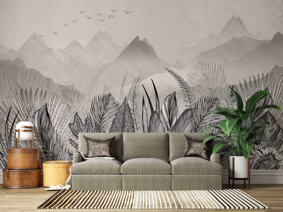 Tapet personalizat Tropical cu peisaj montan tropical in nuante de alb negru - GREY MOUNTAIN JUNGLE