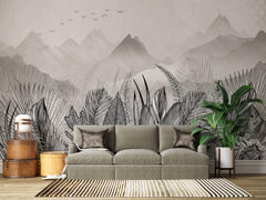 Tapet personalizat Tropical cu peisaj montan tropical in nuante de alb negru - GREY MOUNTAIN JUNGLE