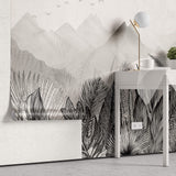 Tapet personalizat Tropical cu peisaj montan tropical in nuante de alb negru - GREY MOUNTAIN JUNGLE