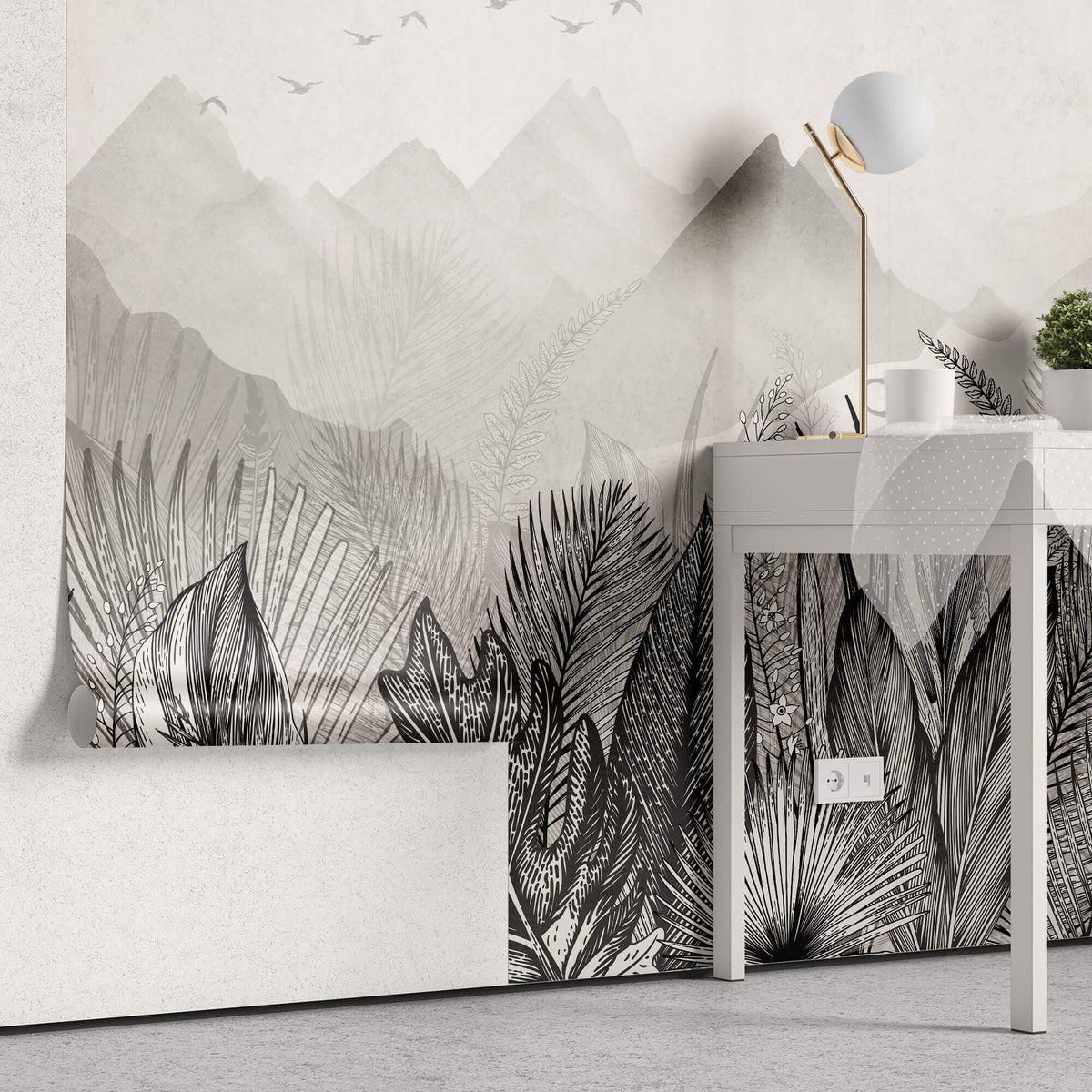 Tapet personalizat Tropical cu peisaj montan tropical in nuante de alb negru - GREY MOUNTAIN JUNGLE