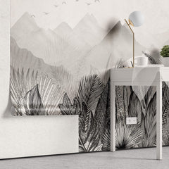 Tapet personalizat Tropical cu peisaj montan tropical in nuante de alb negru - GREY MOUNTAIN JUNGLE