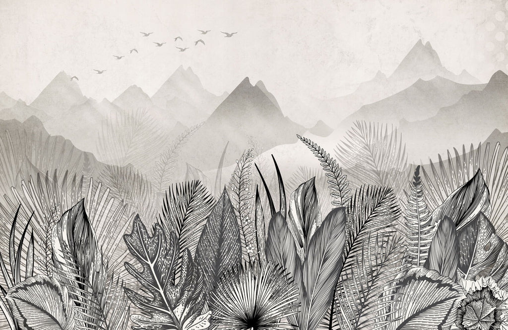 Tapet personalizat Tropical cu peisaj montan tropical in nuante de alb negru - GREY MOUNTAIN JUNGLE