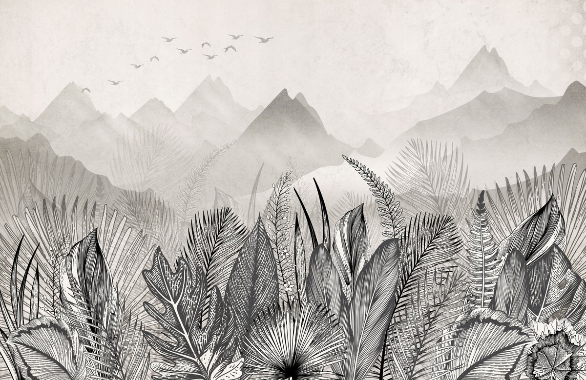 Tapet personalizat Tropical cu peisaj montan tropical in nuante de alb negru - GREY MOUNTAIN JUNGLE