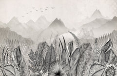 Tapet personalizat Tropical cu peisaj montan tropical in nuante de alb negru - GREY MOUNTAIN JUNGLE