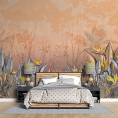 Tapet personalizat Tropical cu floarea paradisului in nuante calde - YELLOW BIRD OF PARADISE