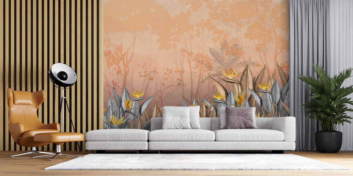 Tapet personalizat Tropical cu floarea paradisului in nuante calde - YELLOW BIRD OF PARADISE