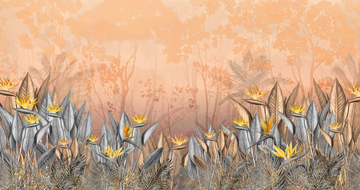 Tapet personalizat Tropical cu floarea paradisului in nuante calde - YELLOW BIRD OF PARADISE