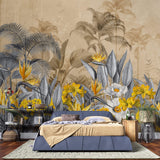 Tapet personalizat Tropical cu flori galbene si frunze gri in contrast si fundal sepia - YELLOW CONTRAST JUNGLE