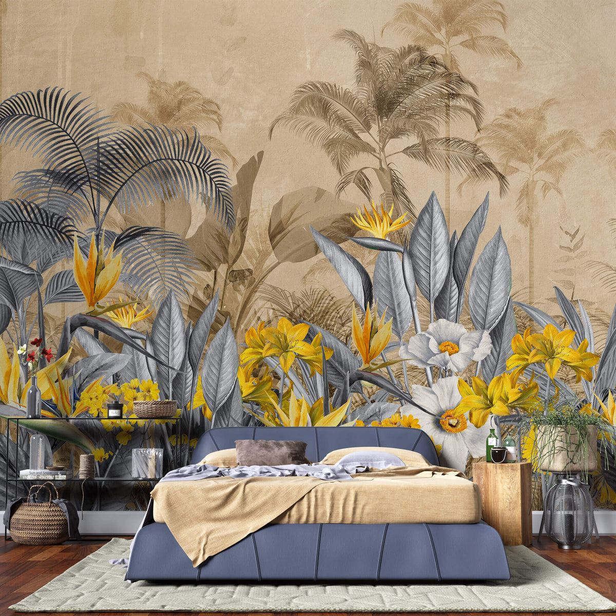 Tapet personalizat Tropical cu flori galbene si frunze gri in contrast si fundal sepia - YELLOW CONTRAST JUNGLE