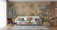 Tapet personalizat Tropical cu flori galbene si frunze gri in contrast si fundal sepia - YELLOW CONTRAST JUNGLE