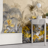 Tapet personalizat Tropical cu flori galbene si frunze gri in contrast si fundal sepia - YELLOW CONTRAST JUNGLE