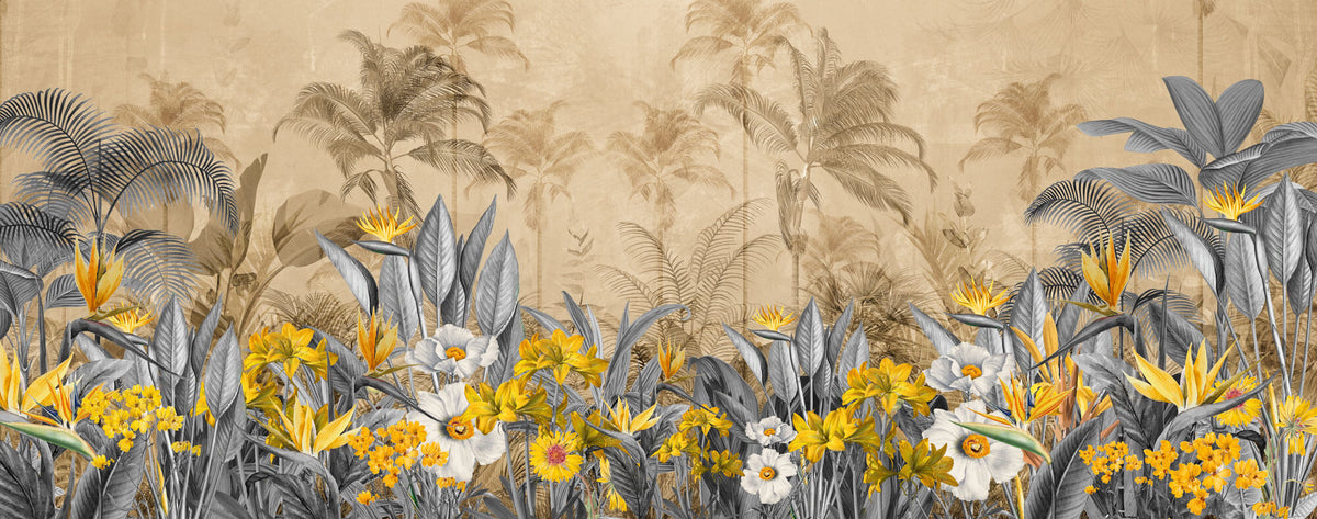 Tapet personalizat Tropical cu flori galbene si frunze gri in contrast si fundal sepia - YELLOW CONTRAST JUNGLE