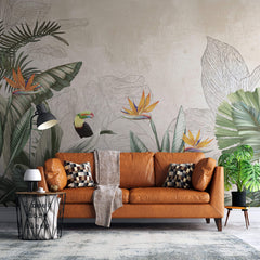 Tapet personalizat Tropical cu plante verzi si papagali exotici - TROPICAL DRAWING